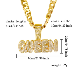 Gold Queen iced out pendant necklace with Cuban chain and detailed size specifications