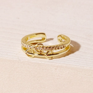 Minimalist double layer golden open ring with shimmering crystal inlay and leaf design
