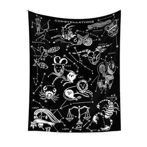 Detailed macro view of black fabric tapestry featuring white zodiac signs and constellations