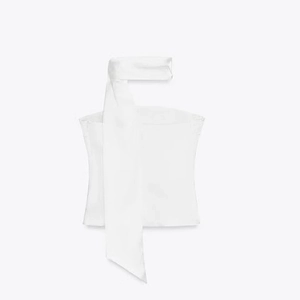 Minimalist white satin tube top with neck ribbon scarf detail in luxury silk texture