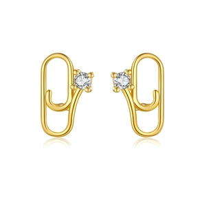 Elegant gold S925 silver paperclip earrings with sparkling zircon stones on white background