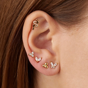 Gold-plated leaf and zircon stud earring set featuring butterfly and snake designs