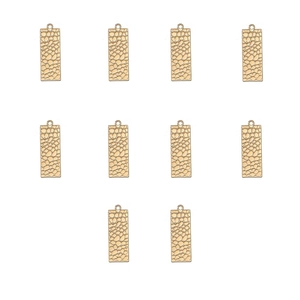 Detailed view of ten gold rectangular hammer-textured alloy pendants for DIY jewelry