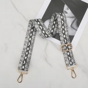 Close-up of adjustable python print bag strap with high-quality gold metal hardware