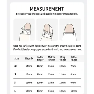 Size guide for press-on nails showing measurement steps and dimensions for XS, S, M, L