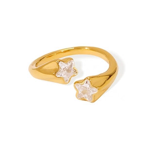 Minimalist gold-plated stainless steel open ring with two star-shaped zircon crystals