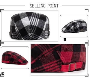 Detail of British style wool plaid beret featuring adjustable side metal buckles
