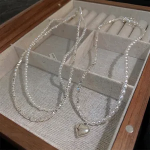 Heart Artificial Pearl Patchwork Double Layer Necklace For Women Retro Elegant Copper Pendant Chain Choker Jewelry