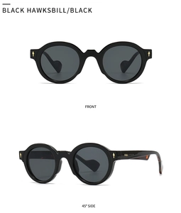 Front and 45-degree side view of vintage black polygonal sunglasses with sharp detail
