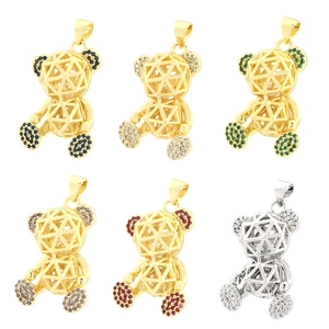 Set of 3D hollow bear pendants with micro-pave crystals in gold and silver finishes