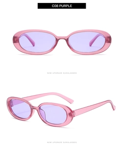 Detail view of retro oval sunglasses with translucent purple frames and purple lenses