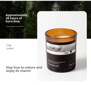 Detail view of 140g soy wax candle in brown glass jar with 28-hour burn time information