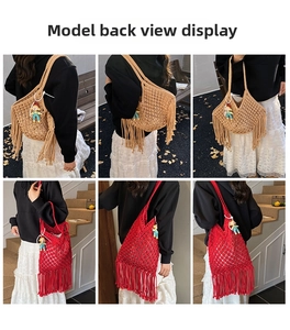 Handmade woven tote bags with tassels and cute doll charms shown in various outdoor settings