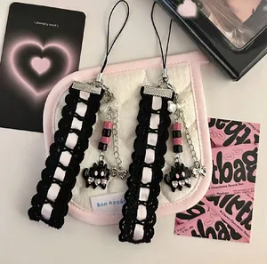 Black Pink Cat Lace Ribbon Phone Charm Handmade Beaded Lanyard Bow Knot Pendant For Bag Card Album Coquette Style