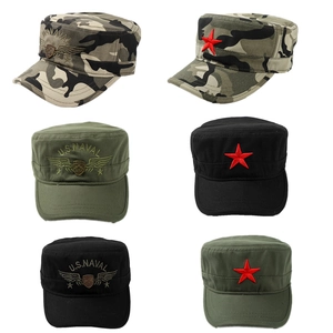 Military Flat Top Cadet Cap Cotton Camouflage Patrol Hat With Red Star Embroidery Adjustable Outdoor Vintage Style