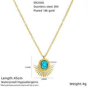 Detail of 18k gold plated sun sunflower pendant with turquoise and size measurements