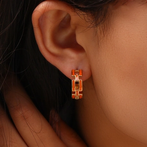 Macro shot of 18K gold-plated chain earrings with orange enamel on a model's ear
