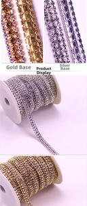 Detailed close-up of dense three-row rhinestone chain in gold and silver plating