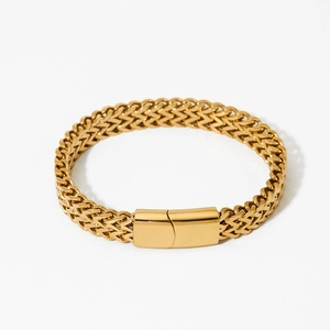 Double-row cuban chain bracelet in warm gold finish with rectangular clasp closure
