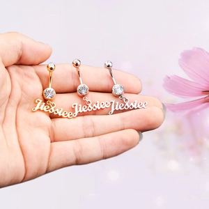 Three stainless steel Jessie name belly rings with cubic zirconia in gold, rose gold and silver