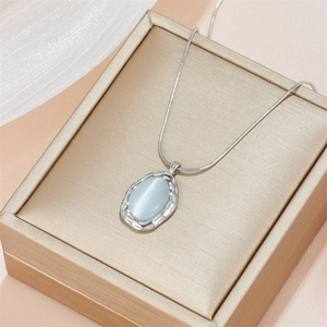 Elegant 18k gold plated snake chain necklace with a blue cat-eye stone pendant