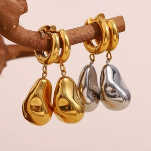 Minimalist 18K gold and silver stainless steel earrings with irregular bean pendants