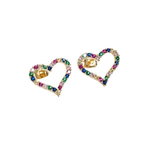 Chic gold-plated heart stud earrings encrusted with colorful cubic zirconia crystals