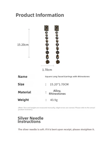 Detailed view of silver needle rhinestone square tassel earrings with 15.2cm length dimensions