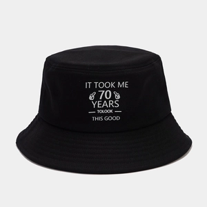 70th Birthday black cotton bucket hat with funny slogan for outdoor sun protection