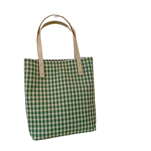 Sac fourre-tout à carreaux verts rétro avec anses en cuir et rivets métalliques