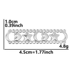 Macro view of stainless steel moon heart star connectors with size dimensions