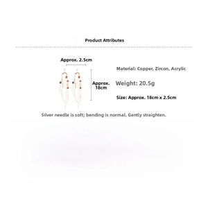 Detailed size and material diagram of vintage orange tassel earrings with zircon accents