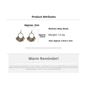 Detail view of Bohemian tassel earrings showing beads dimensions of 6.9cm by 3cm