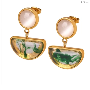New Chinese Style Vintage Green Resin Cats Eye Stone Drop Earrings For Women Titanium Steel Gilded Jewelry Earrings