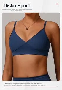 Deep blue V-neck sports bra detail showing reinforced stitching and thin shoulder straps
