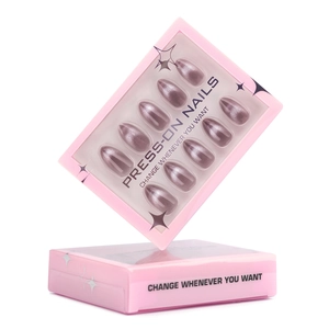 Pink cat eye almond press-on nails with metallic finish in premium retail packaging