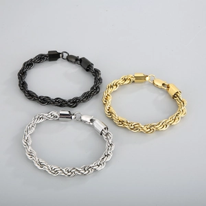 Men's titanium steel twist rope chain bracelet set in silver, gold, and black finishes
