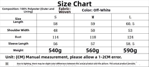 Size chart with measurements in CM for the solid color textured button jacket