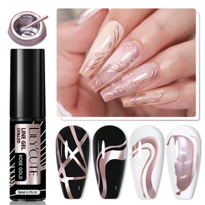 Detail of rose gold metallic line gel showing bottle and nail art swatches on fingers