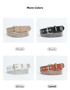 Detailed grid of punk belts with three rows of square silver metal studs in four colors