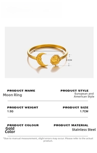 Detail view of 1.5g gold stainless steel moon ring showing dimensions and specifications