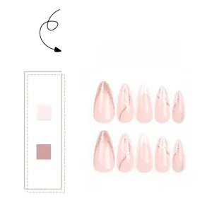 Detail of almond-shaped press-on nails with rose gold glitter and marble patterns