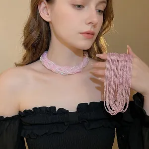 Multi-Layer Braided Seed Bead Choker Necklace With Imitation Artificial Pearls And Lace Bow Ribbon Sweet Elegant Clavicle Chain