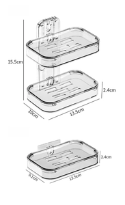Dual-tier and single-tier transparent wall soap holders with drainage and size markings