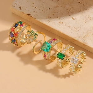 Geometric Monstera Leaf Open Ring Copper Gold Plated Colorful Cubic Zirconia Adjustable Luxury Statement Jewelry For Women