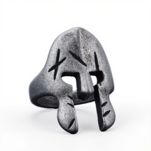 Vintage Spartan helmet warrior ring in antique silver finish with rugged texture