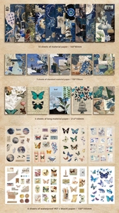 Flat lay of vintage scrapbooking paper set with moon, butterfly and retro motifs