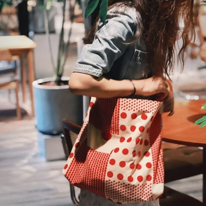 Sac fourre-tout rétro en toile à pois rouges pour femmes, grand style bandoulière