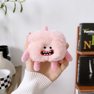 Pink plush cartoon headphones case for AirPods with embroidered face and cute tiny limbs