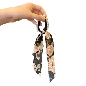 French vintage hair scrunchie with faux pearls and floral ribbon streamer for women